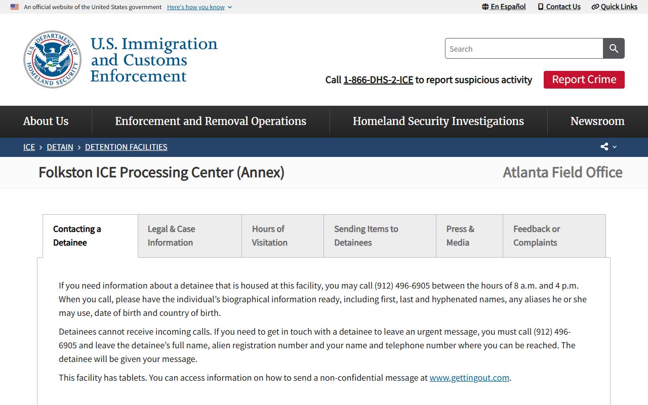 Folkston ICE Processing Center Annex detainee search facility page