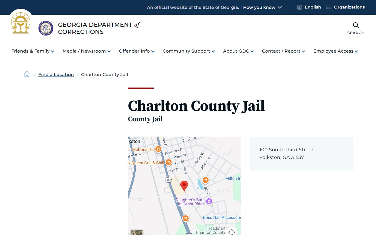Charlton County Jail GDC listing for inmate custody information