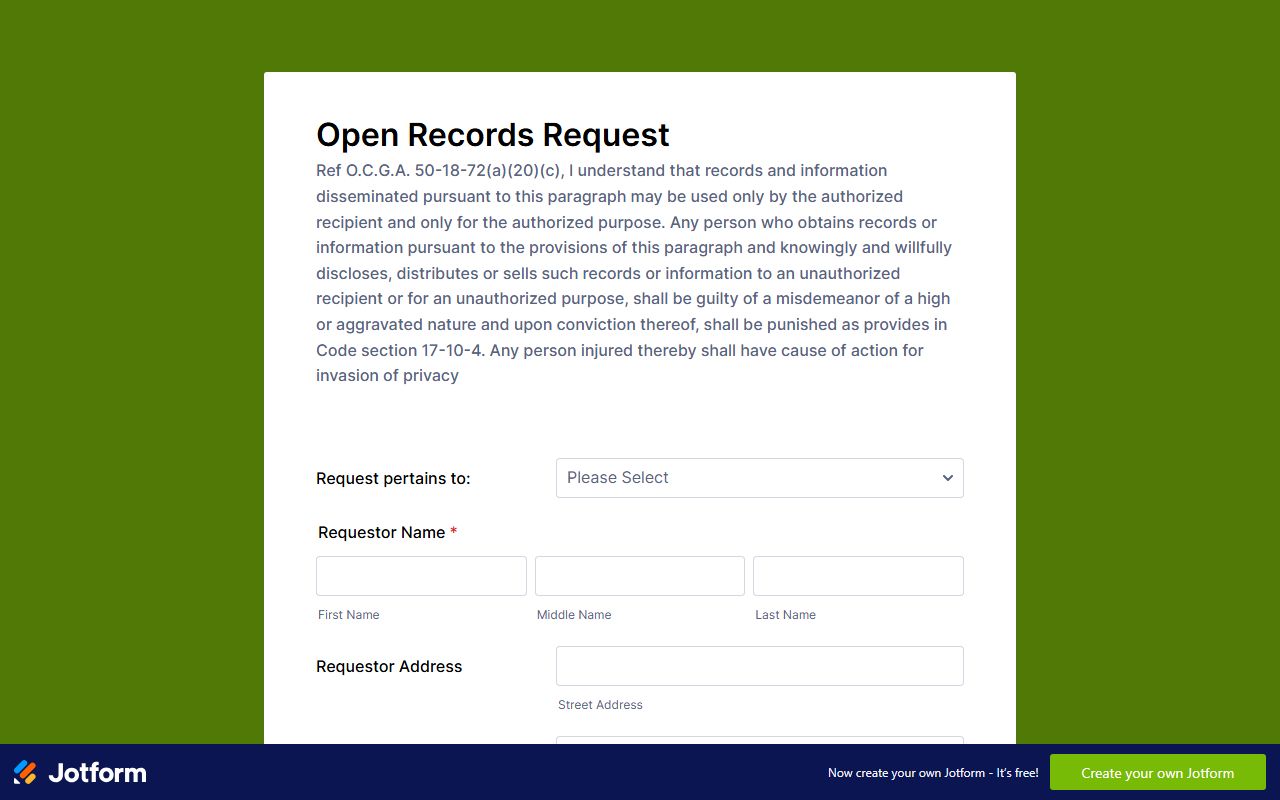 Charlton County sheriff open records form for jail and booking records