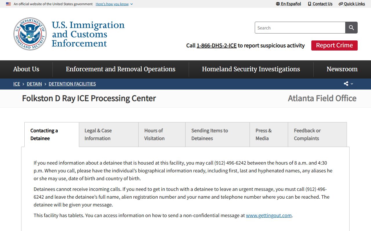 Folkston ICE Processing Center ICE detainee facility page